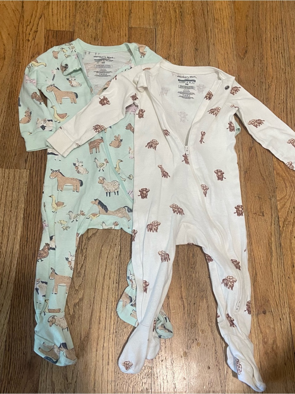 Members Mark 9M Kids 2-Pack Animal Print One-Piece Sleepers in Mint and Cream